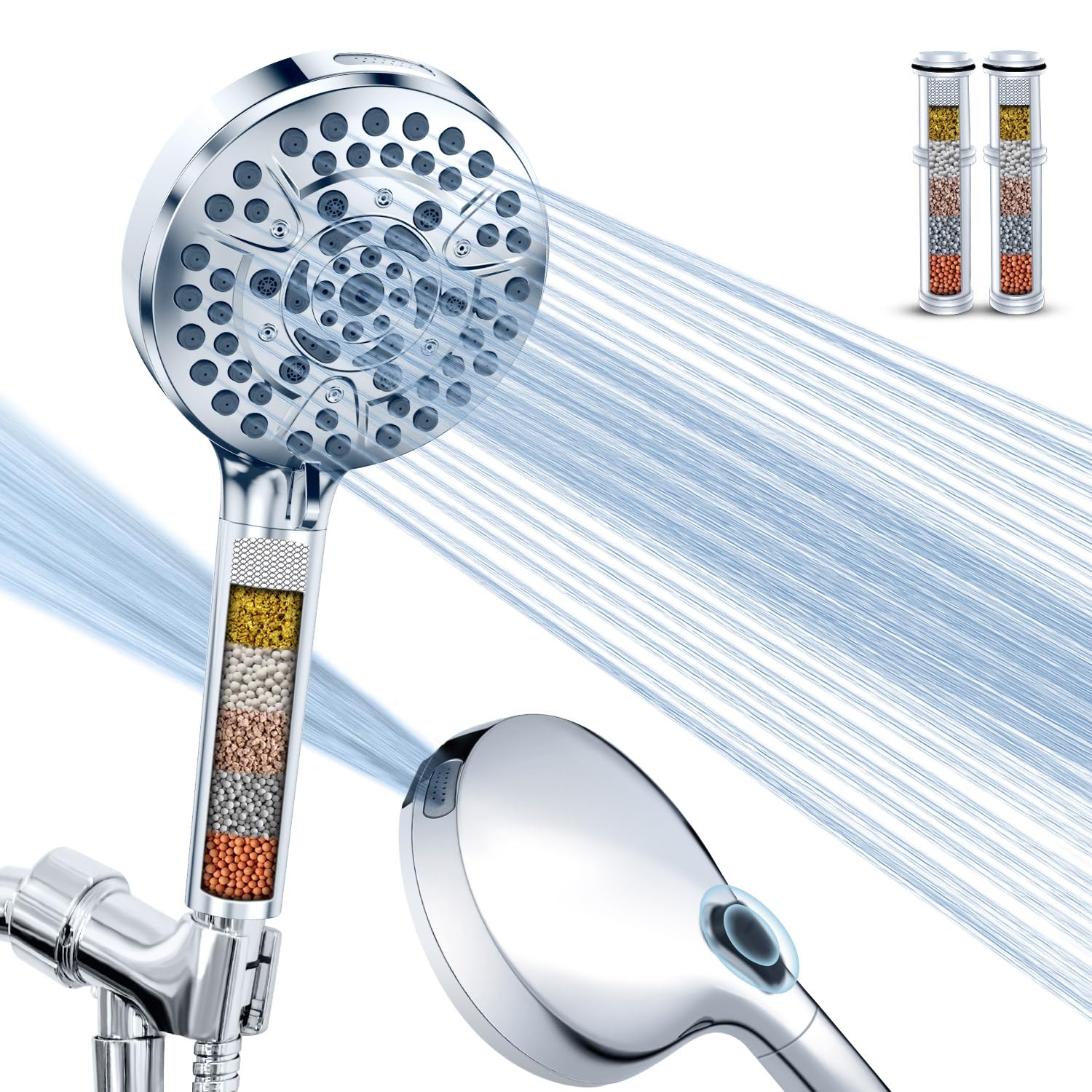 High Pressure 10-Mode Handheld Shower Head - Built in Power Wash for Clean, Replaceable Filter Soften Hard Water Remove Chlorine, 60 Inches Hose, Overhead Bracket, Anti-Clog...
